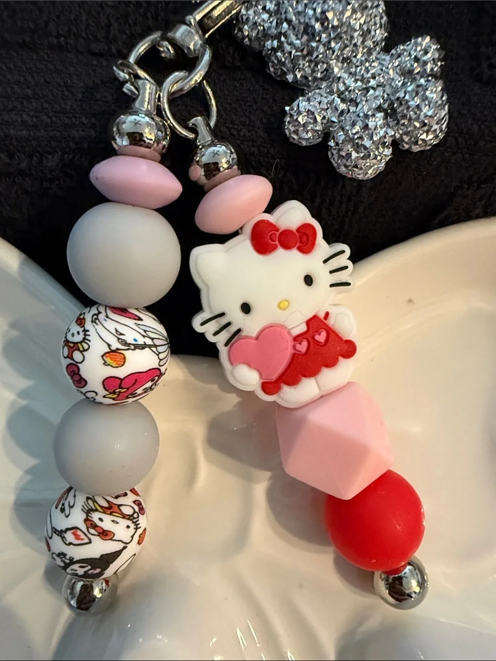 Hello Kitty Pink & Red Beaded Keychain with Glitter Clover Charm